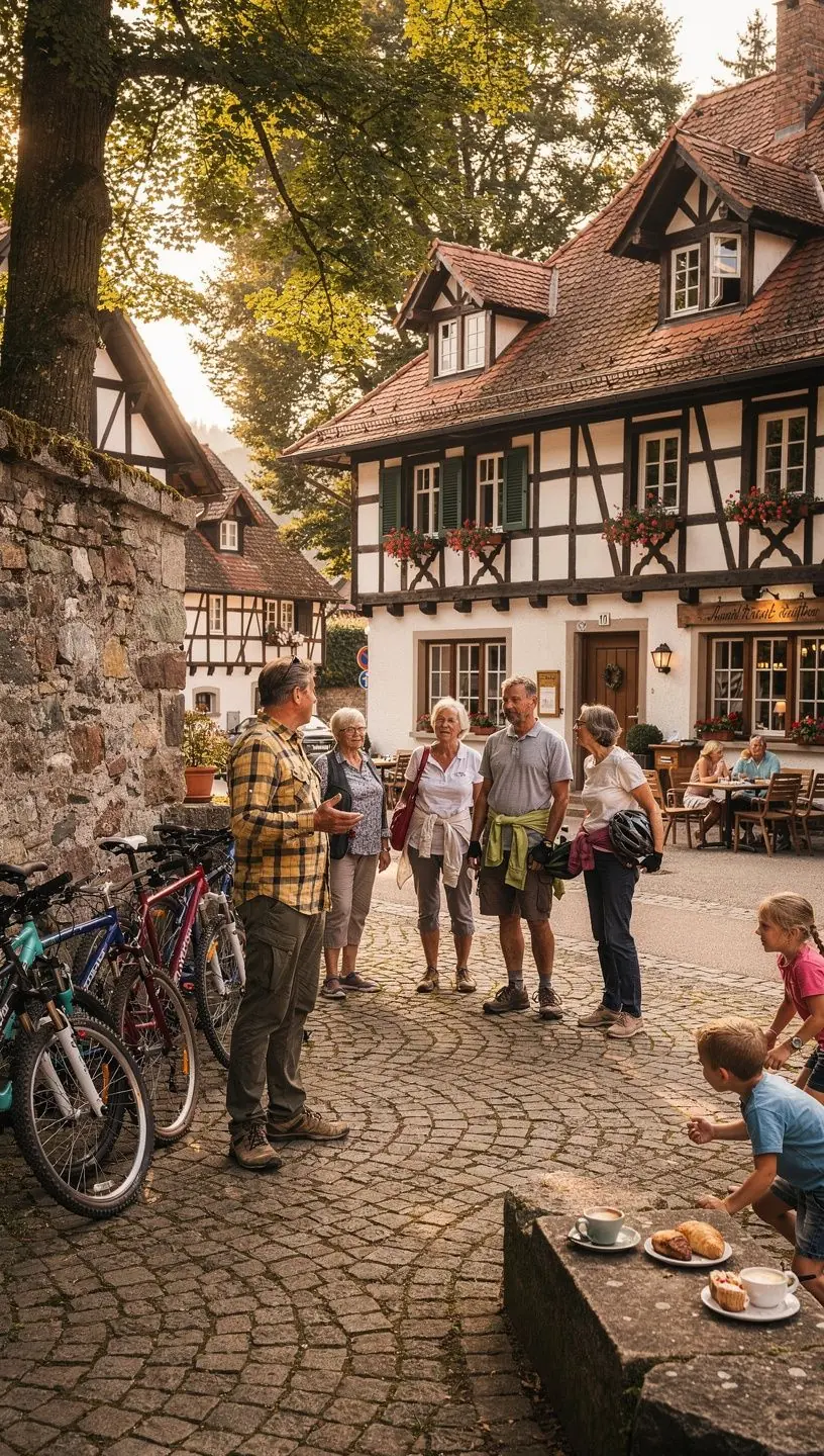 Gruppe von Radfahrern fährt entlang eines gut ausgebauten Radwegs durch eine grüne deutsche Region.