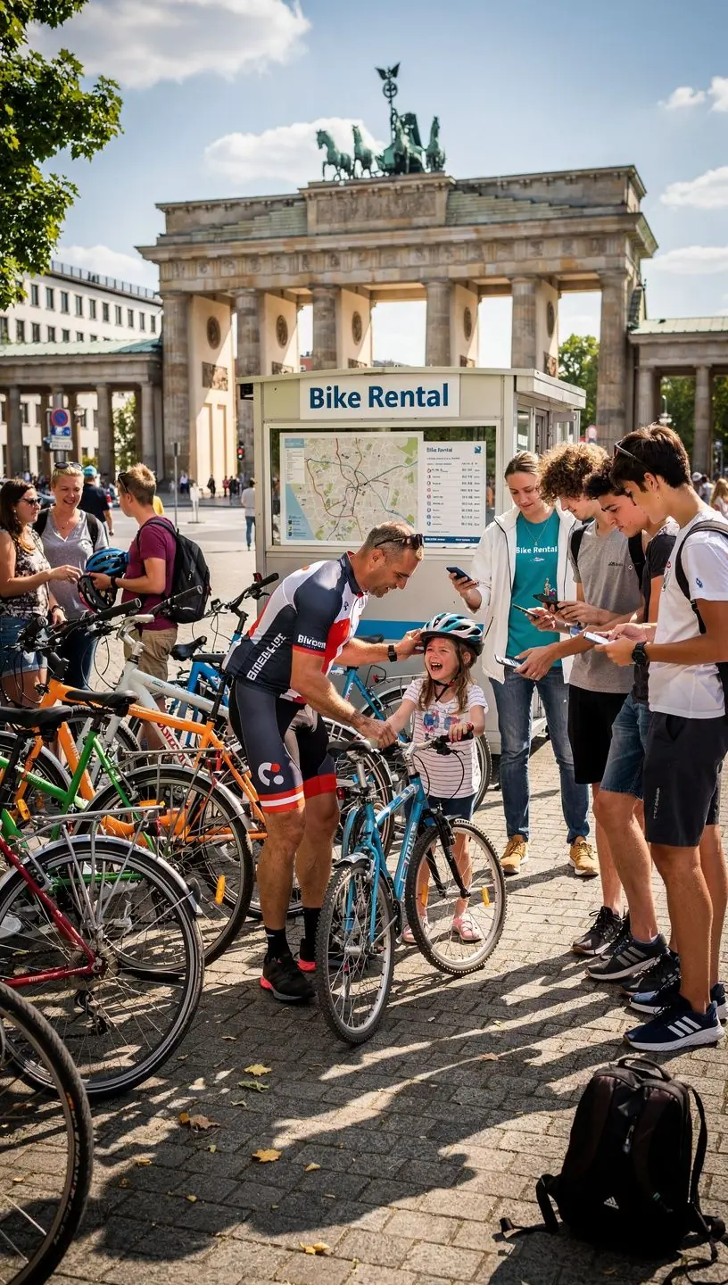 Fahrradtouristen mieten Fahrräder an einem modernen Verleihstandort in Deutschland.