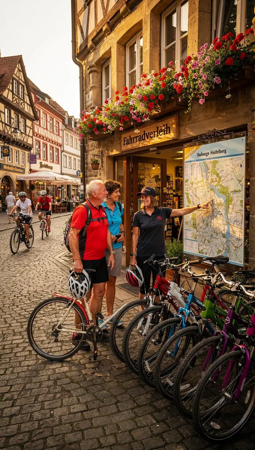 Eine detaillierte Fahrradroute wird auf einer Landkarte mit markierten Sehenswürdigkeiten gezeigt.